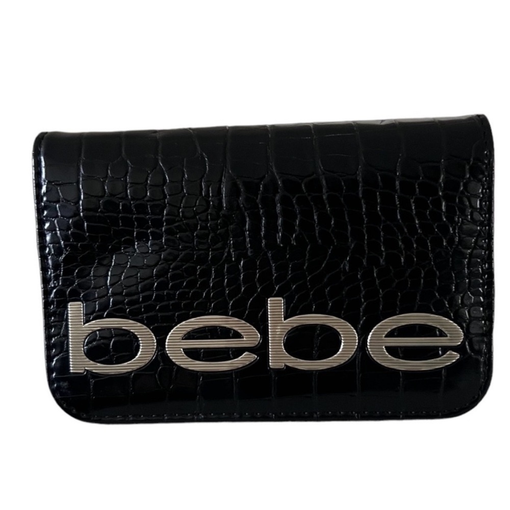 NWOT BEBE FABIOLA embossed crocodile faux leather black clutch missing c…
